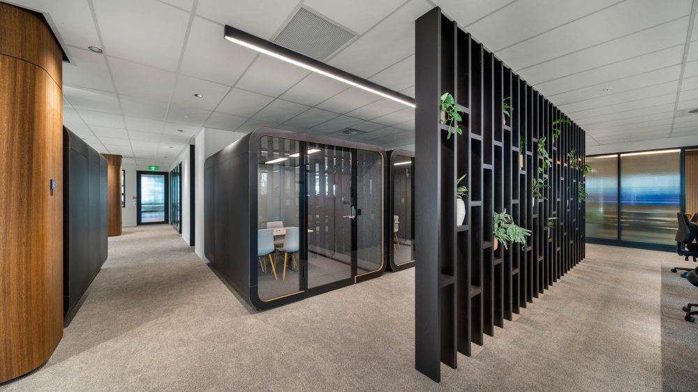 Open plan workspace screened by black steel slats, with glazed meeting rooms and timber columns