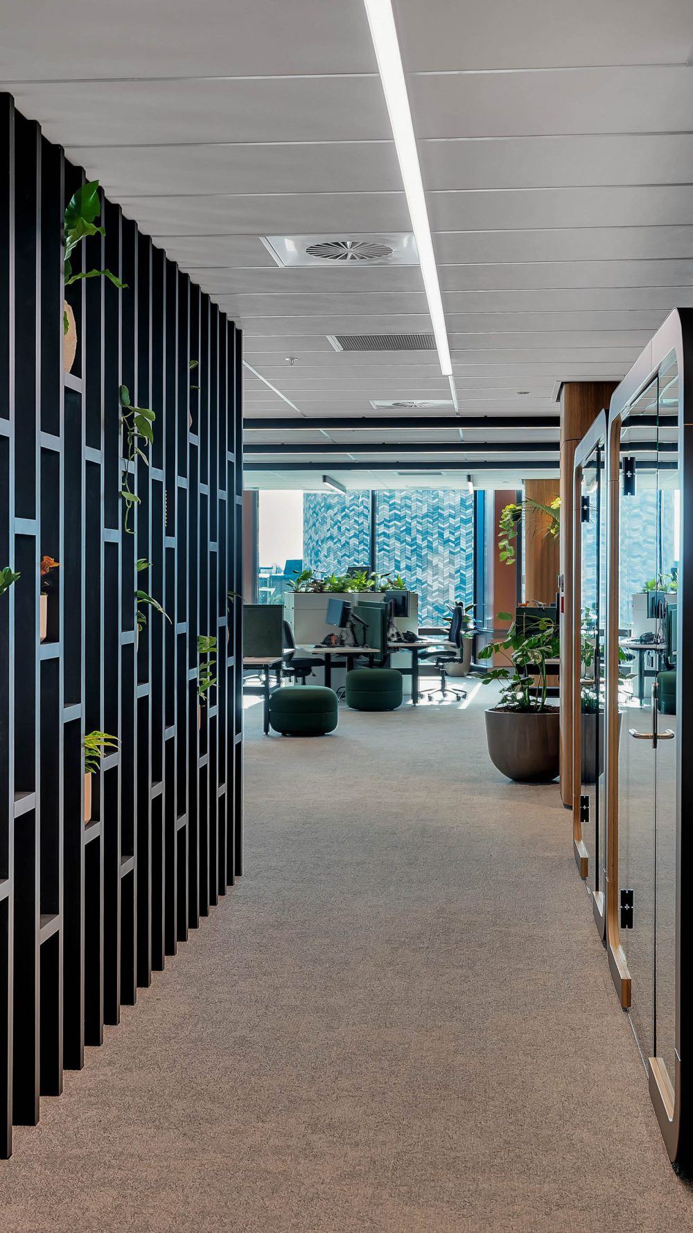 Black steel slat screen dividing the open plan floor from the glazed meeting rooms beyond