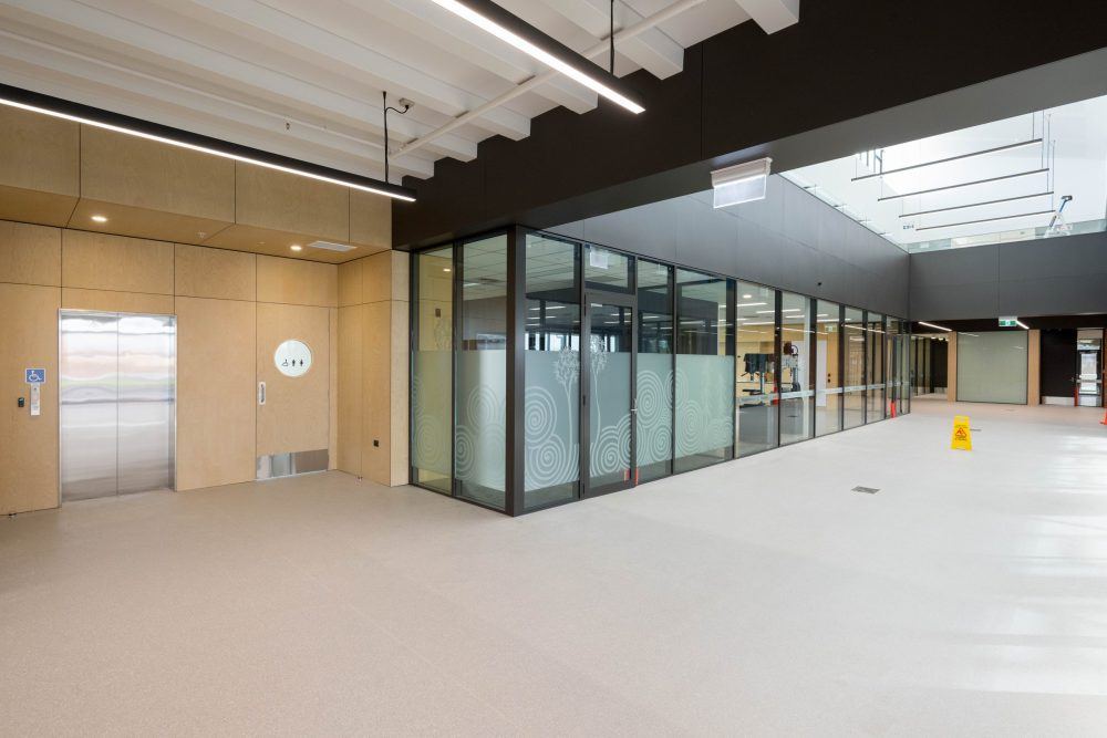 Timber-lined lift lobby beside glazed partitions with decorative frosted manuka detailing at Rolleston College